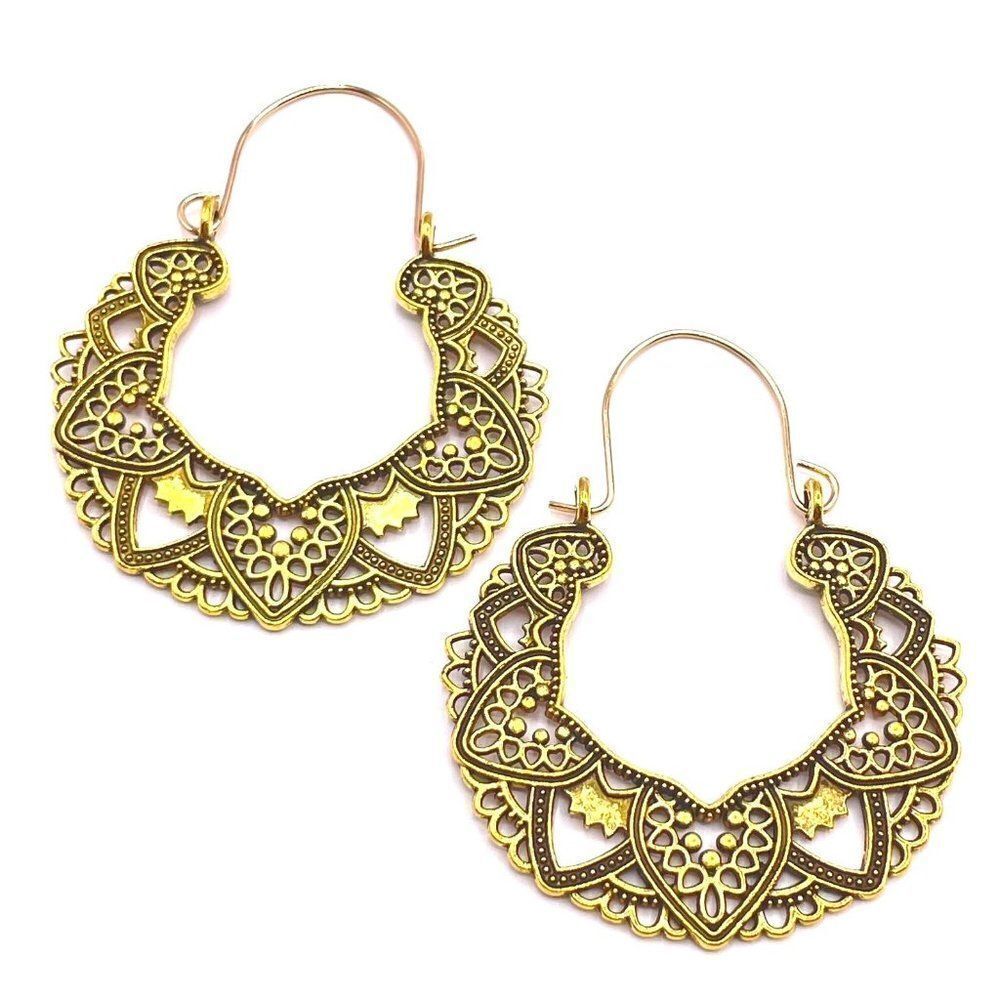 Yellow Gold Detailed Boho Mandala Dangling Drop Hinged Hook Earrings